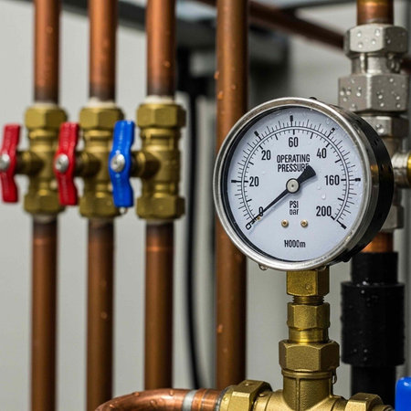 Close-up of copper pipes, pressure gauge, and valves in an industrial setting with white wall