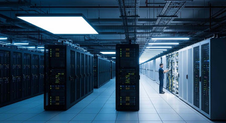 A person stands in a large data center with rows of server racks and computer equipment