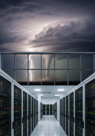 Server room interior with stormy weather outside, featuring lightning, tornado, and dark clouds.