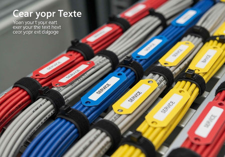 Neatly organized cables in red, blue, and yellow with labels and black straps