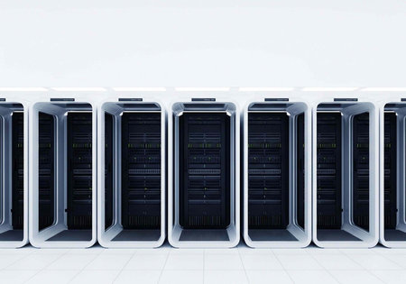 A line of identical server racks with black interiors and silver exteriors on a white floor