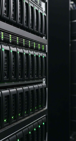 A detailed view of a server rack with rows of black hard drives and green lights