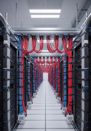 A long, organized server room with rows of black servers, red and blue cables, and white floors