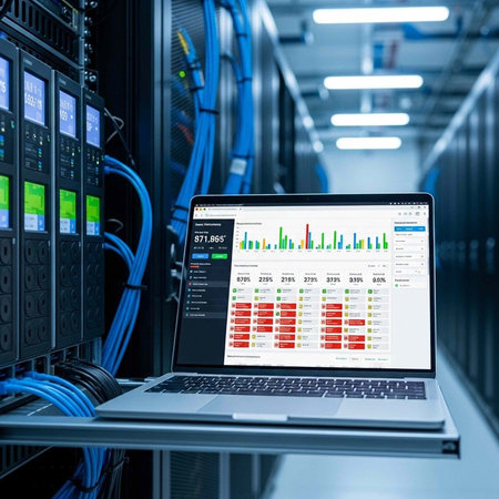 A laptop on a shelf in a server room displays data analysis with graphs and charts
