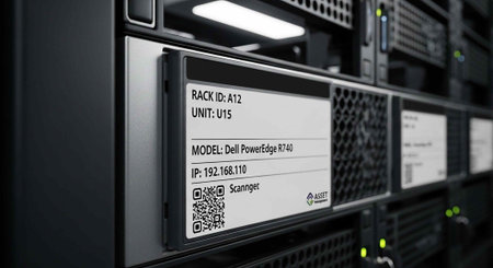 Detailed view of a Dell server with a label displaying model, IP address, and QR code