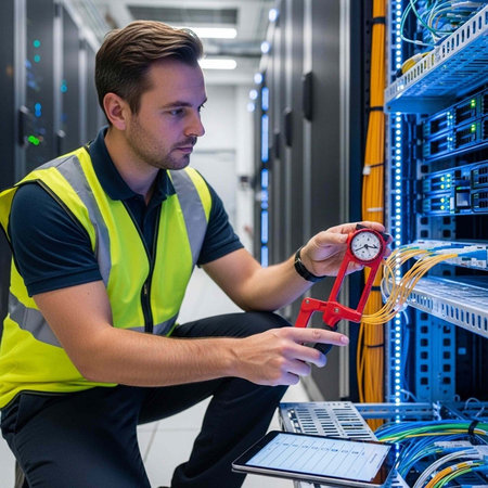 Technician in safety gear inspecting server racks with a pressure gauge and digital tablet