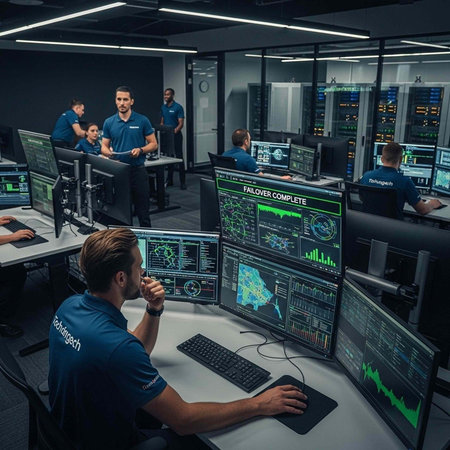 A team of IT professionals in blue shirts working on computers with multiple screens in a server...