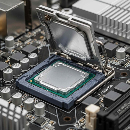 Detailed view of computer hardware with CPU, motherboard, and metal bracketの写真素材