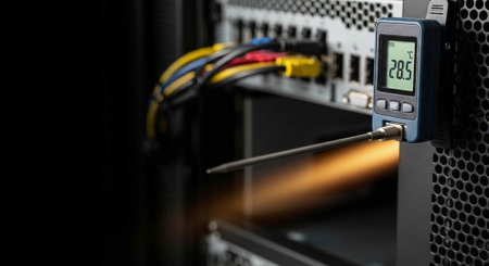 Close-up of a temperature probe with a digital display showing 285, attached to server hardware