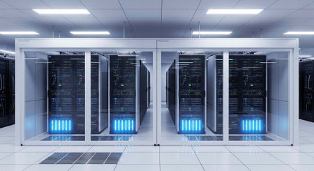 A large server room with rows of black server racks and blue illuminated bases