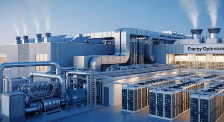 Large industrial data center with metal pipes, machinery, and energy optimized systems in a blue...