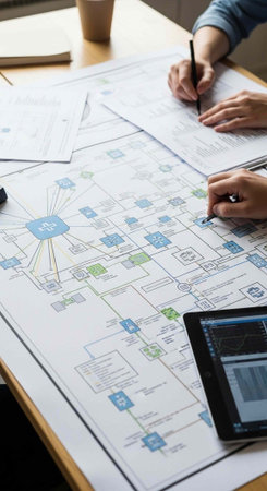 Close-up of hands working on a detailed flowchart with blue, green, and black markings on paper