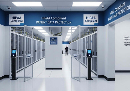 A secure server room with HIPAA compliant signs, access control systems, and rows of server racks