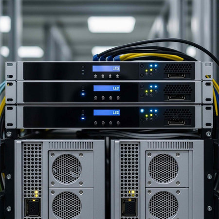 Close-up of server hardware with blue LED indicators and various colored cables connected