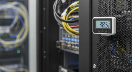 Close-up of a digital thermometer on a server rack with cables and mesh panel