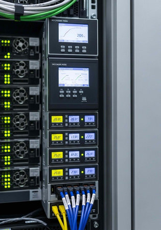 Server rack with screens, cables, and equipment, showing technical details and setup
