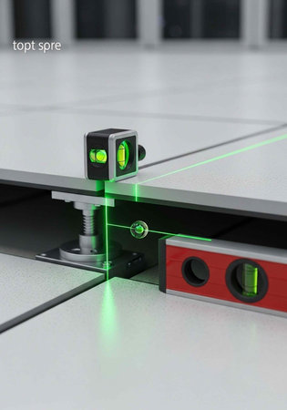 Close-up of laser level device projecting green beam on metal surface