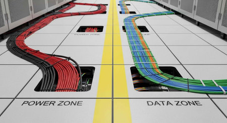 Organized cable pathways in data center floor with labeled power and data zones