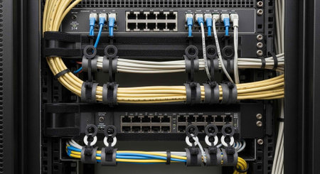 A close-up view of a network server rack with organized cables and ethernet connections neatly...