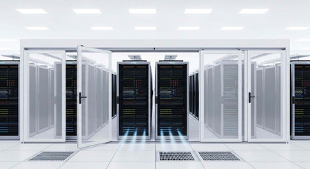 A clean and organized data center with multiple rows of server racks behind glass doors