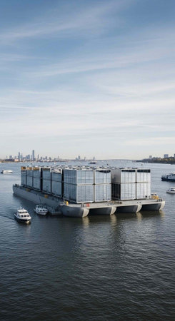 A massive cargo ship carries numerous containers on calm waters with a city skyline in the distance.の写真素材