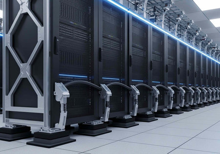 Long line of black server cabinets with silver accents and blue LED lights on white floor