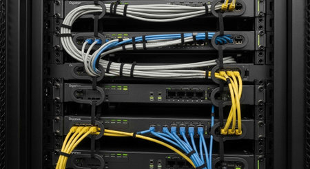 A black server rack with neatly managed cables and equipment installed inside