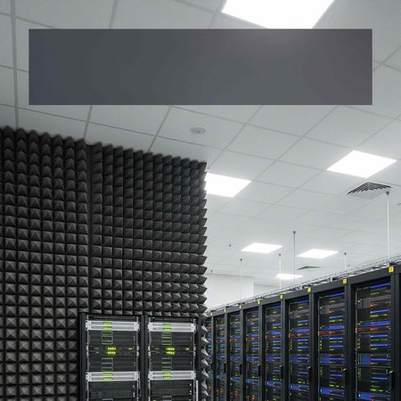 A large server room with soundproofing, rows of computer equipment, and data storage systems...
