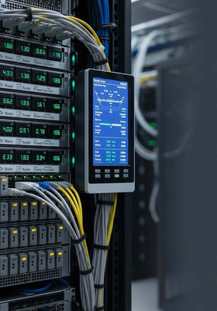 A server room setup with various equipment, cables, and a monitoring screen showing technical data.