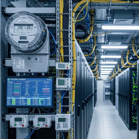 A server room with rows of computer servers, electrical equipment, and monitors displaying data