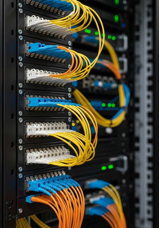 A close-up view of a server rack with organized yellow, orange, blue, and white cables.