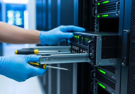 Gloved hands holding screwdriver and installing server hardware in rack mount system with green...