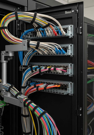 A server rack with organized colorful cables and wires held by metal cable management arms