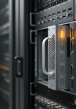 Detailed view of server hardware with metal grate, handle, and orange lights on panel