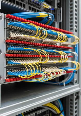 A close-up view of a network server rack with multiple colorful cables and wires connected