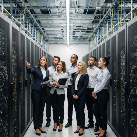 Group of seven businesspeople in formal attire examining server equipment in a large data center
