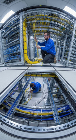 Man in blue shirt working on cables in a large server room with metal racks
