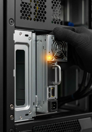 A gloved hand interacts with a computer's internal component emitting a warm glow