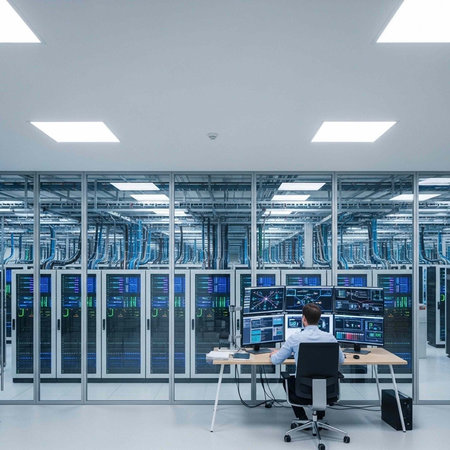 A man sits at a desk with multiple monitors in a large server room with rows of cabinets