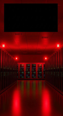 A dimly lit server room with red lights and rows of computer equipment in data center