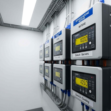 Multiple industrial control panels with digital displays and wiring in a service zone area