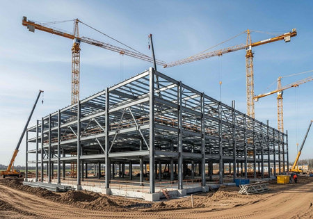 Large steel building frame under construction with multiple cranes and dirt ground