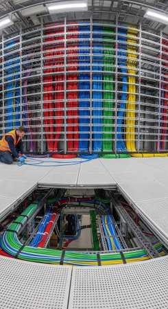 A worker in an orange vest kneels near a vast array of organized colorful cables and wires
