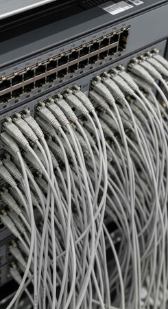 A close-up view of a network server with numerous gray Ethernet cables and ports.