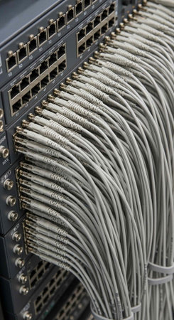 A network switch with numerous gray Ethernet cables plugged into its ports