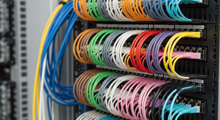 A close-up view of a server rack with neatly organized colorful network cables and wires