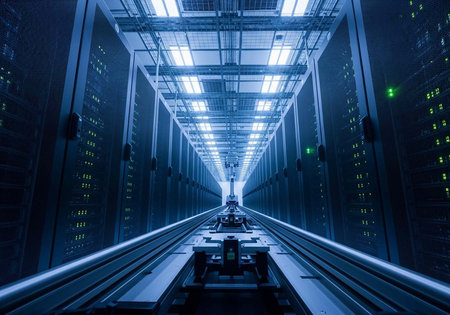 Long corridor of data center with rows of server racks and computer hardware under bright lights