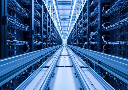 Rows of server racks with cables and metal tracks in a modern data center interior