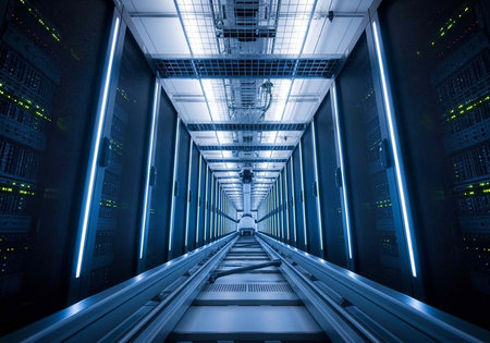 Long corridor in a data center with server racks and illuminated blue lines on walls