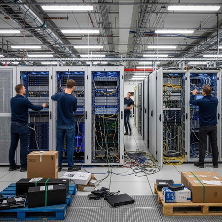 Four men in blue shirts work on large server racks with cables and wires in a data center